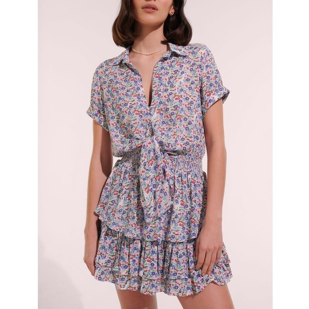 Poupette St Barth Brenda Mini Dress Women Large Blue Jardin Floral Tie Front